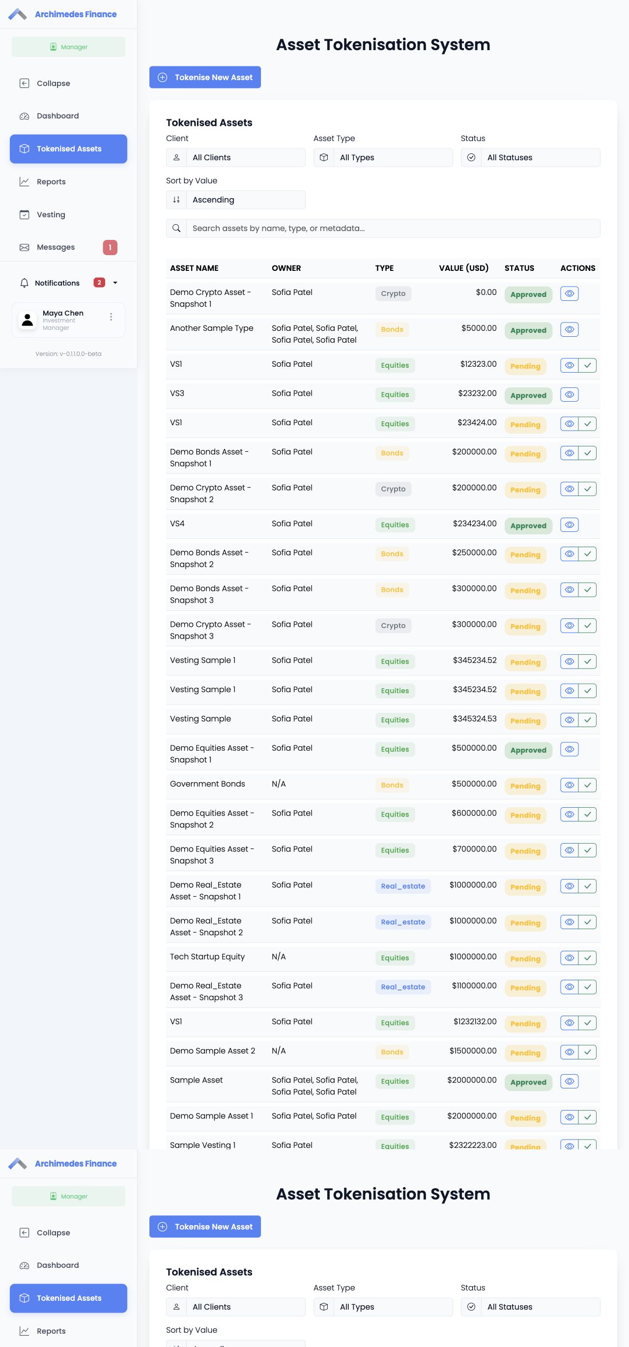 Archimedes Finance tokenised assets table showing asset types, owners, values, and approval status