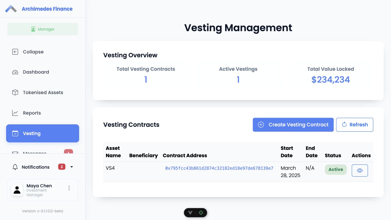 Archimedes Finance vesting management screen showing contract status and unlock timing