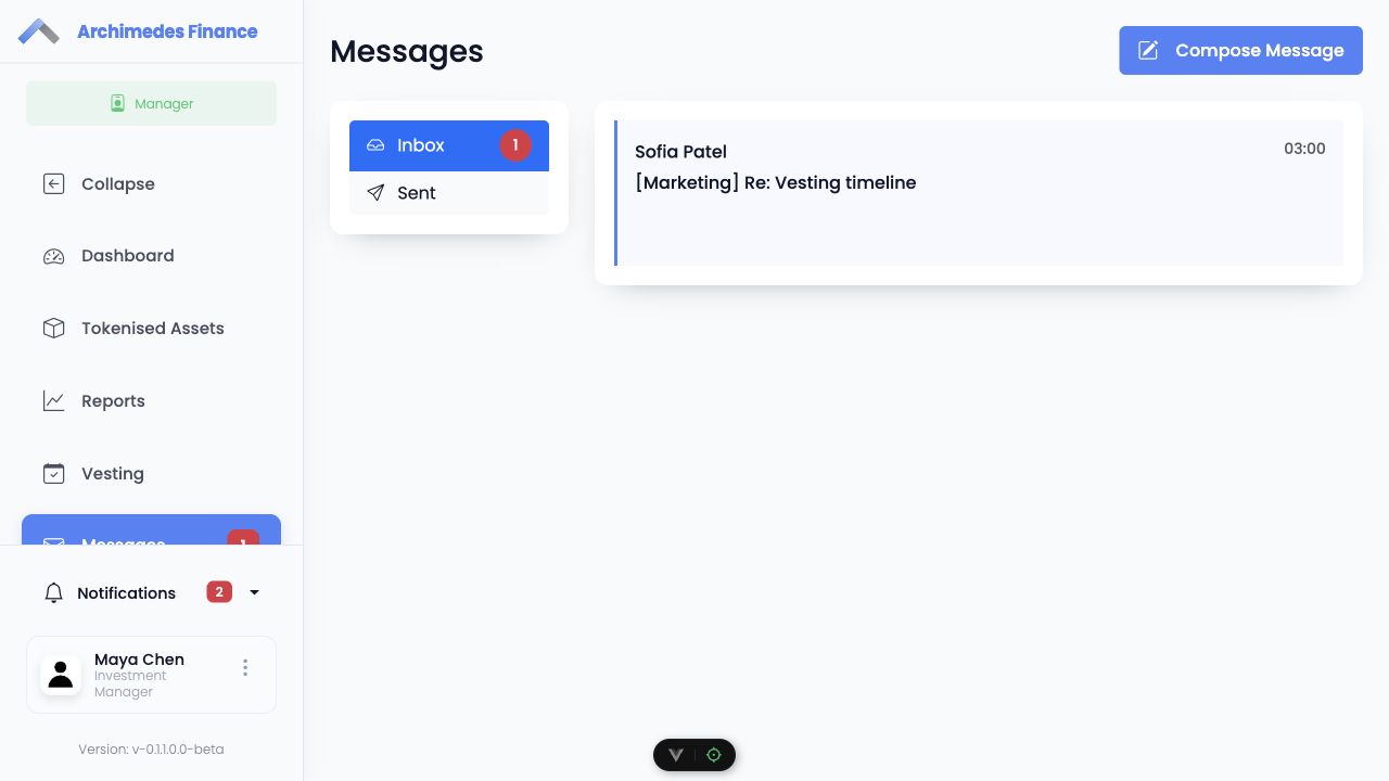Archimedes Finance messages inbox showing manager communication and conversation state