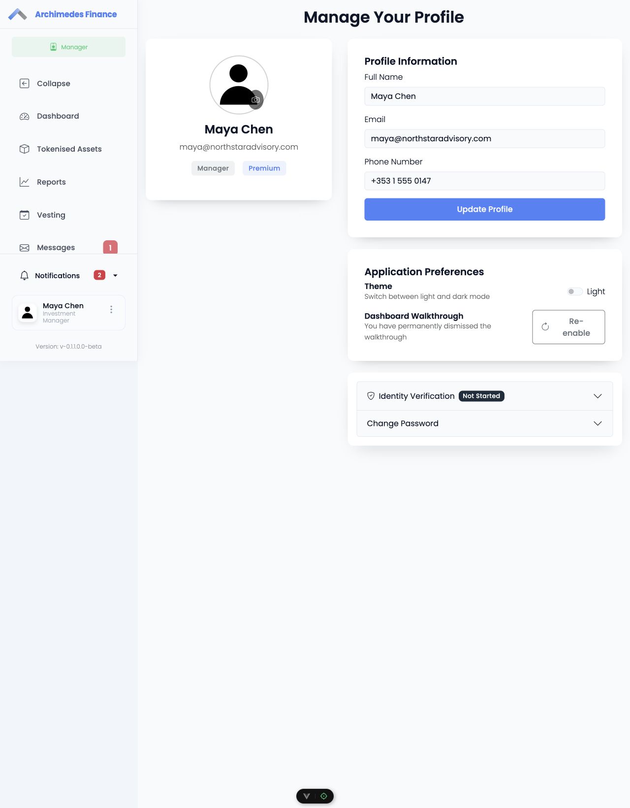 Archimedes Finance profile screen showing account details, preferences, and identity verification state