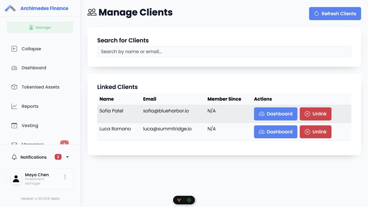 Archimedes Finance manage clients screen showing linked client records and dashboard access