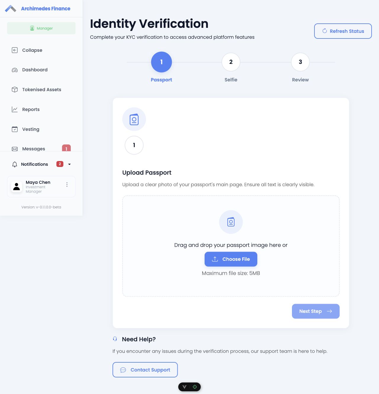 Archimedes Finance identity verification flow showing passport upload and support guidance