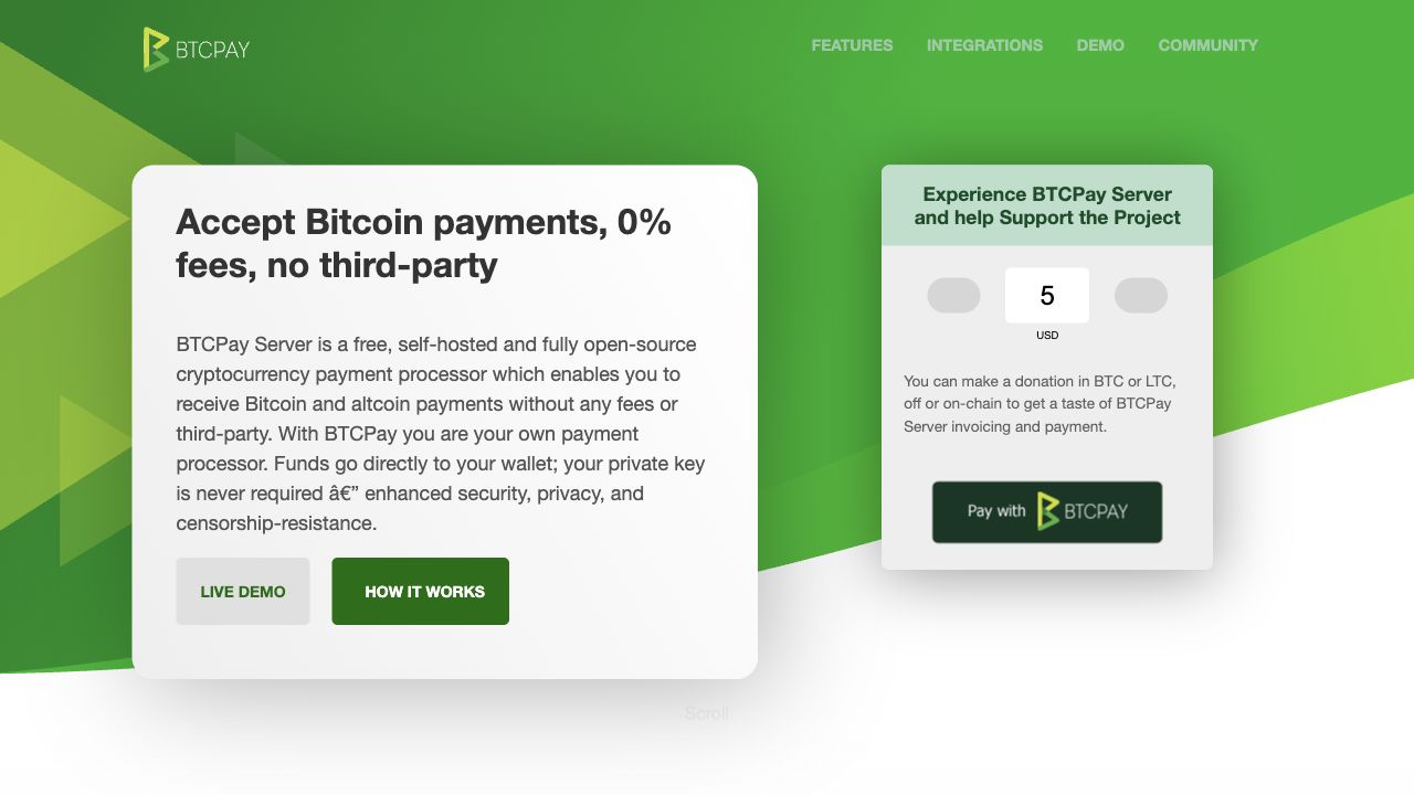 Early BTCPay Server homepage with a plain hero, live demo call to action, and an explanatory donation panel