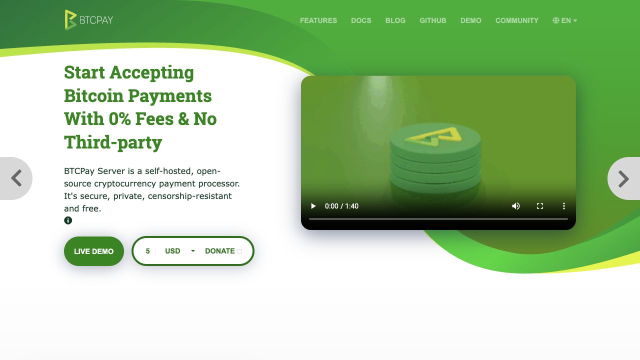 BTCPay Server homepage with HTML5 video in the hero and a clearer donate flow
