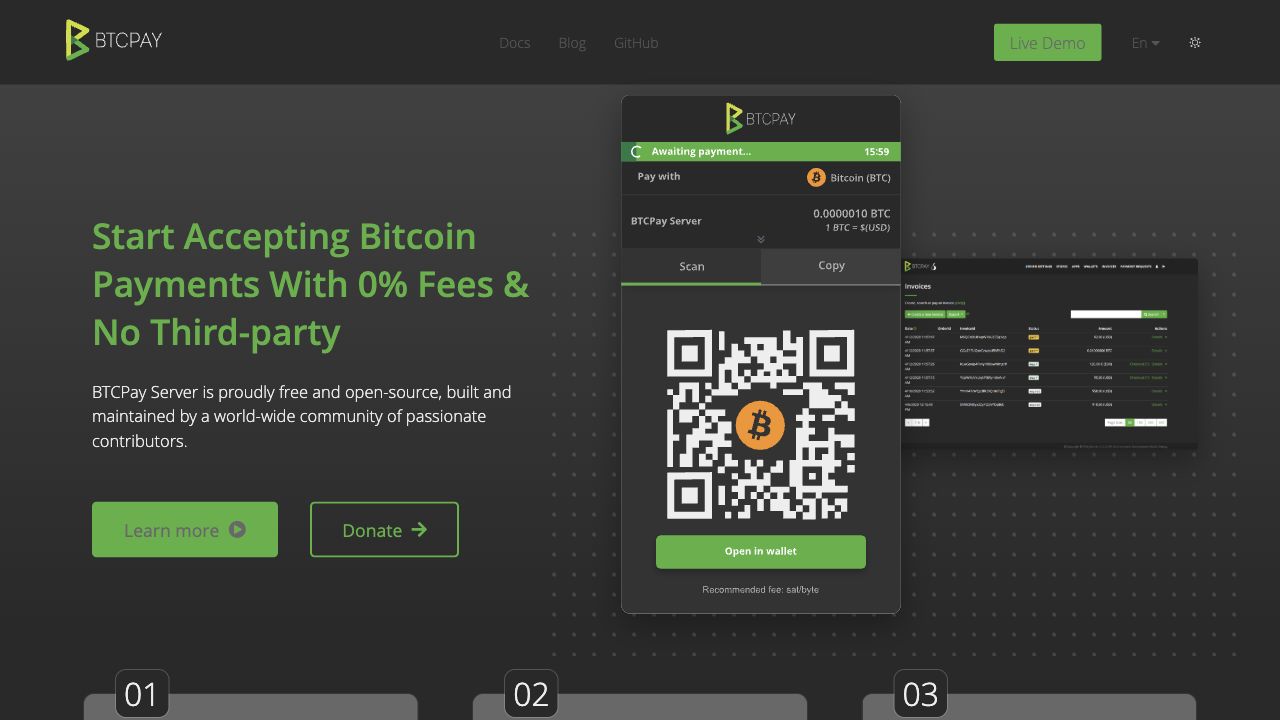 BTCPay Server homepage showing checkout flow, integrations messaging, and multilingual navigation