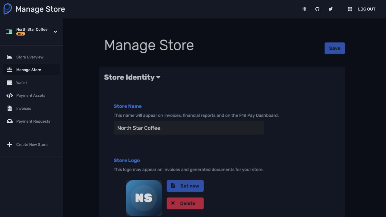 F18 Pay store settings with identity, branding, and enablement controls