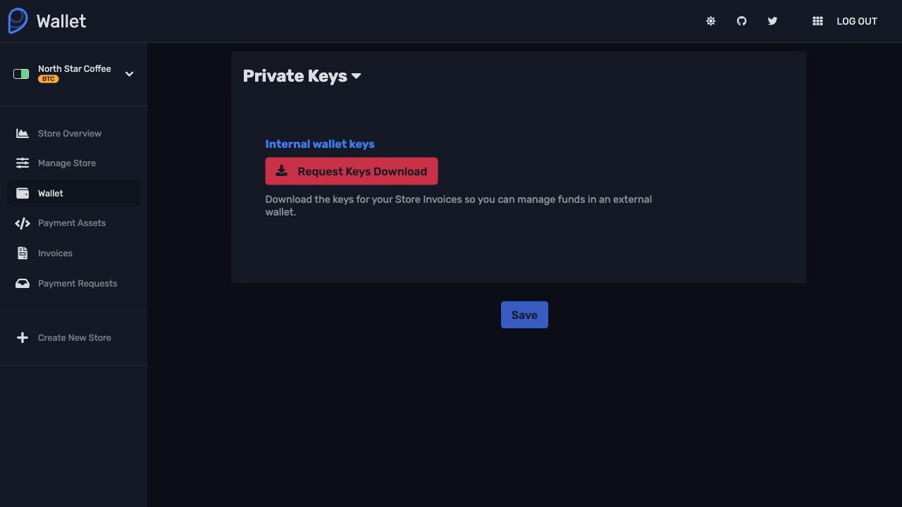 F18 Pay wallet settings with private key download controls
