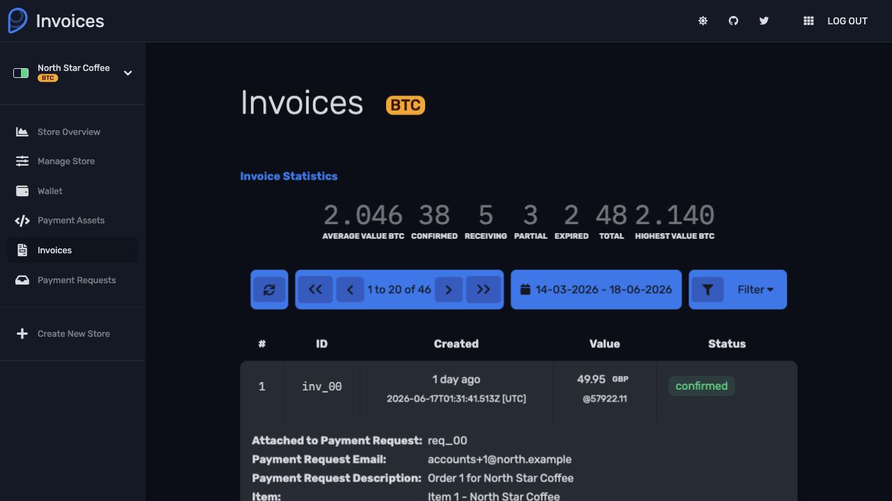 F18 Pay invoices screen with status, values, filters, and support detail