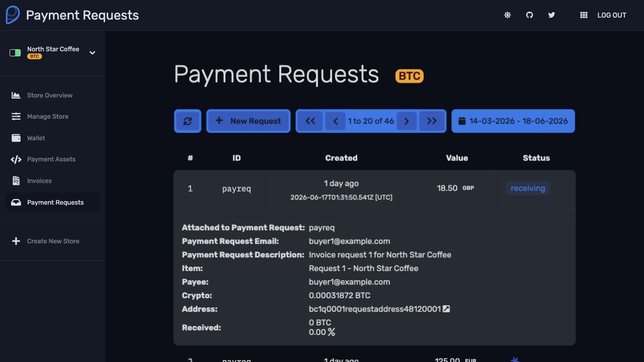 F18 Pay payment requests list showing request status and recipient detail