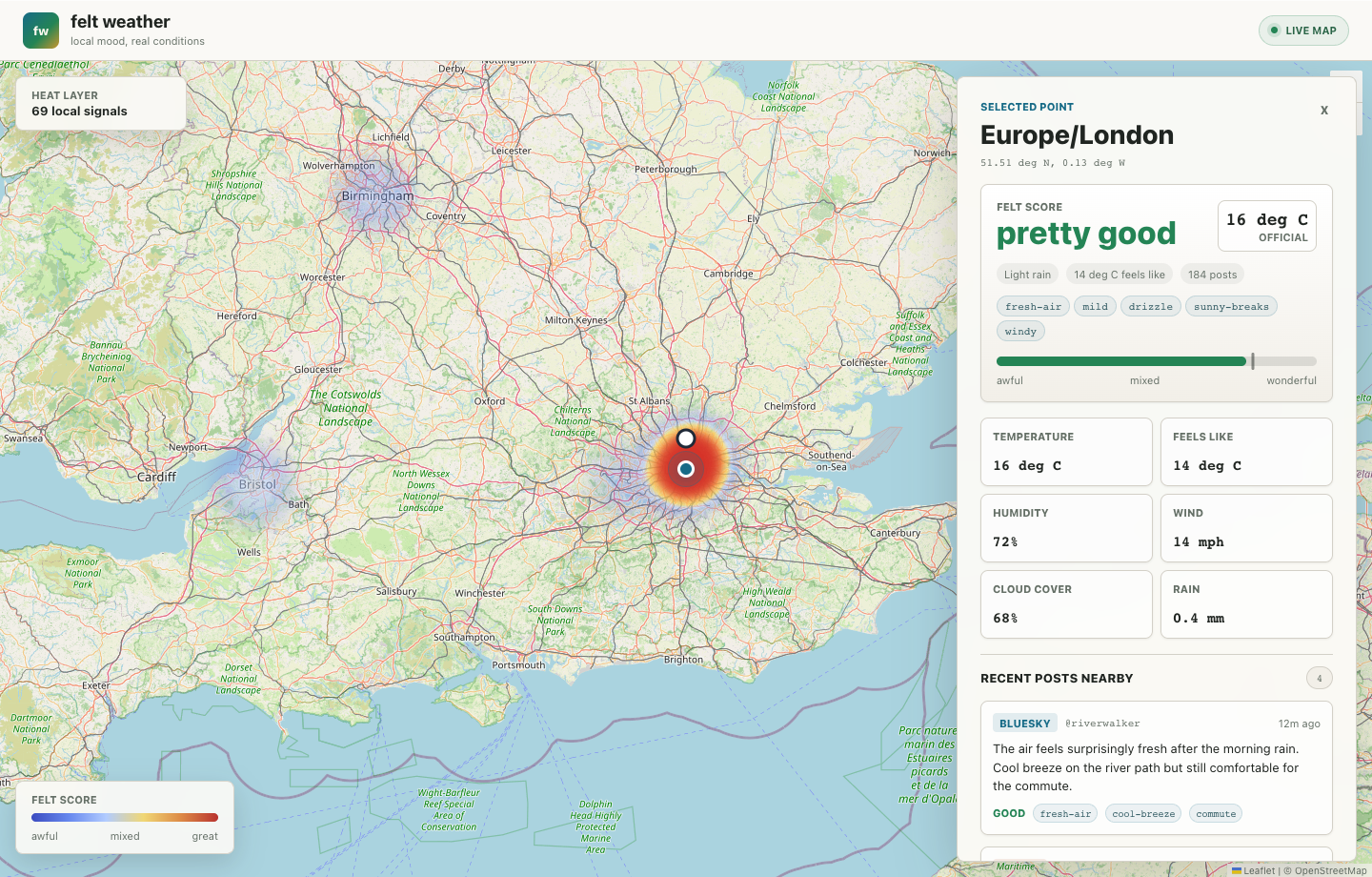 Selected Felt Weather location panel with official weather and nearby posts