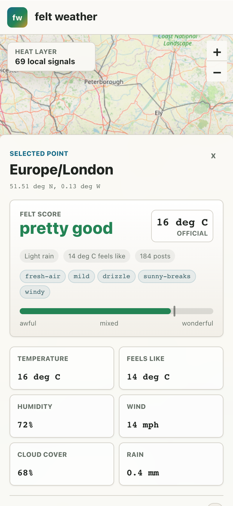Mobile Felt Weather map with selected location bottom sheet