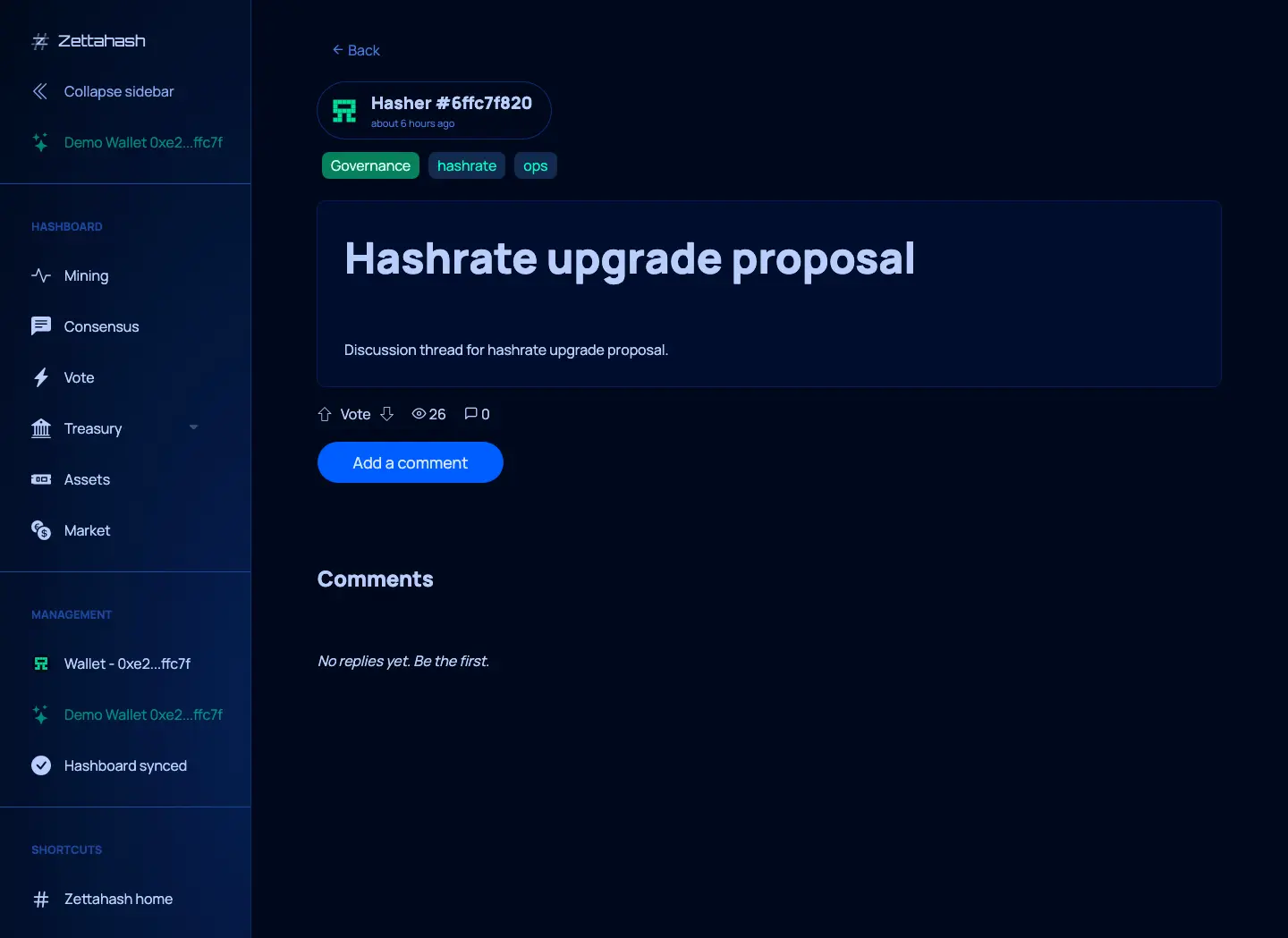 Hashboard consensus topic discussion with proposal detail and comments
