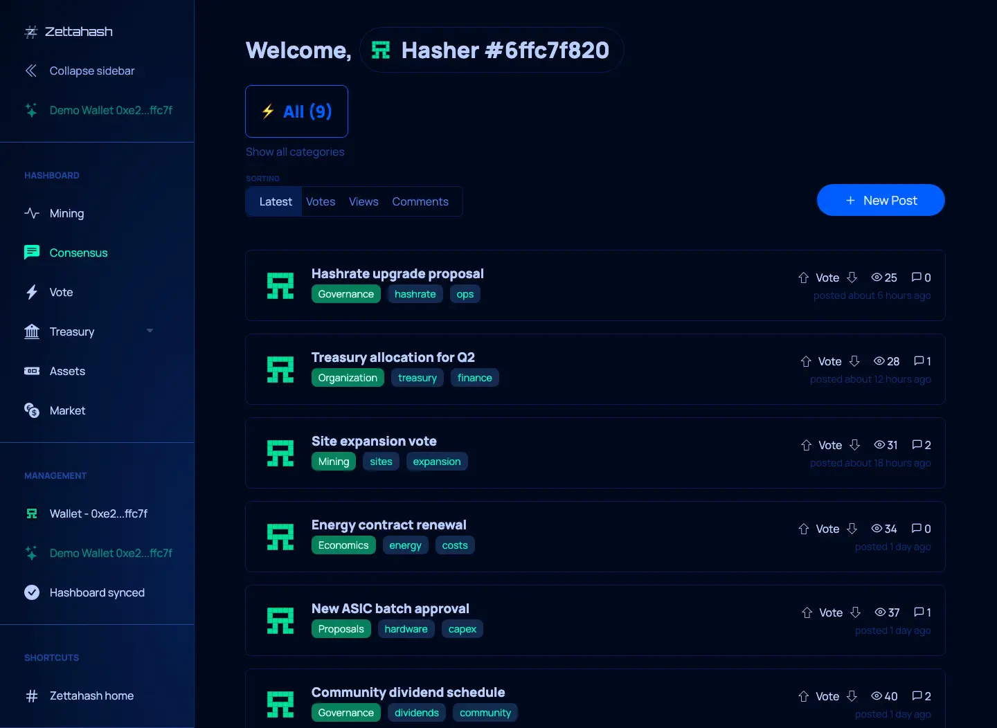 Hashboard consensus overview showing a list of project decisions and topics