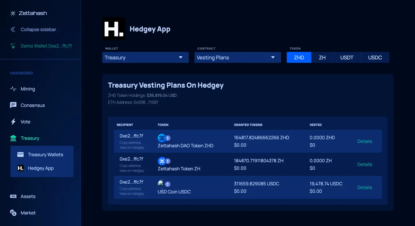 Hashboard treasury vesting plans showing Hedgey vesting details