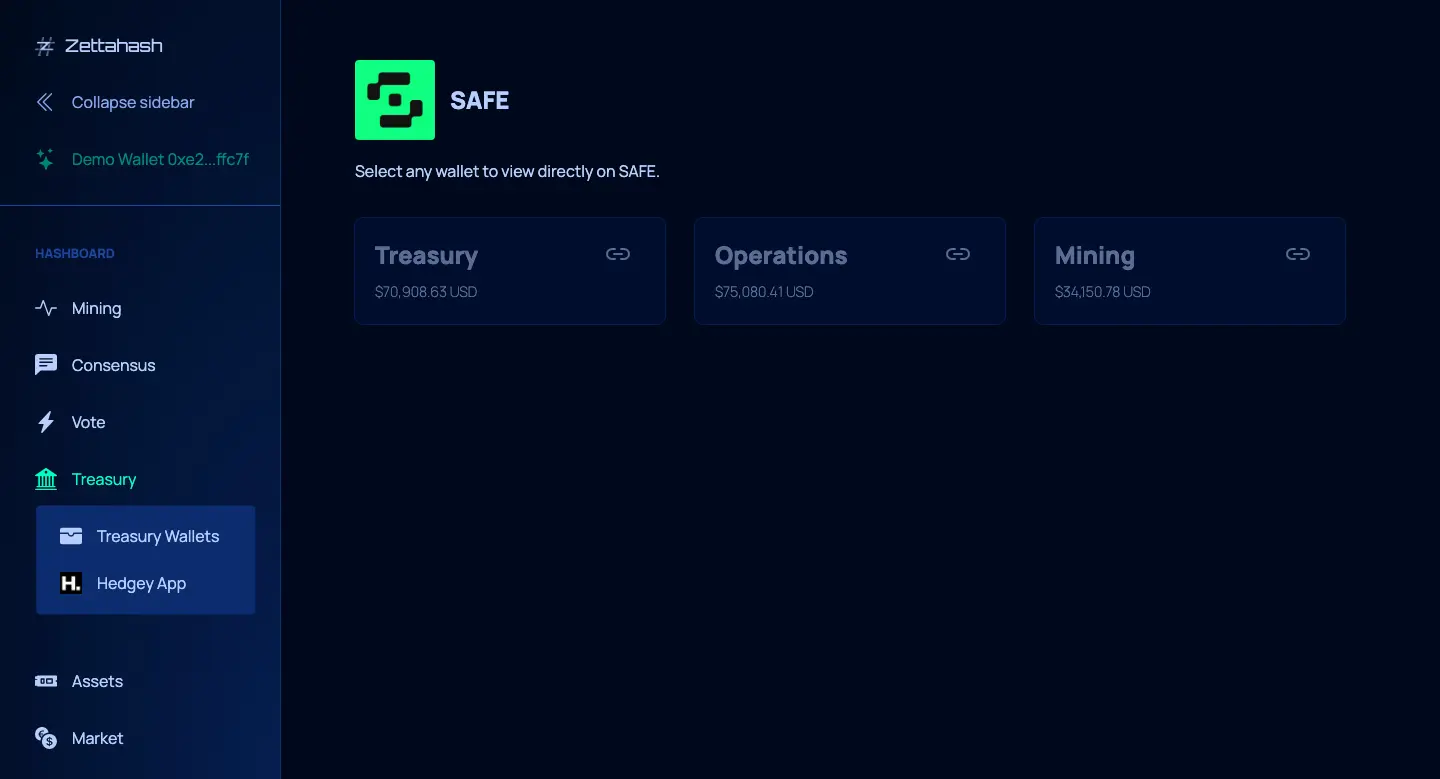 Hashboard treasury SAFE view showing treasury categories and balances