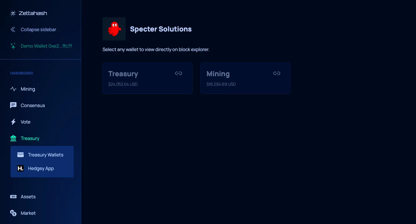 Hashboard treasury Specter view showing wallet management and treasury context
