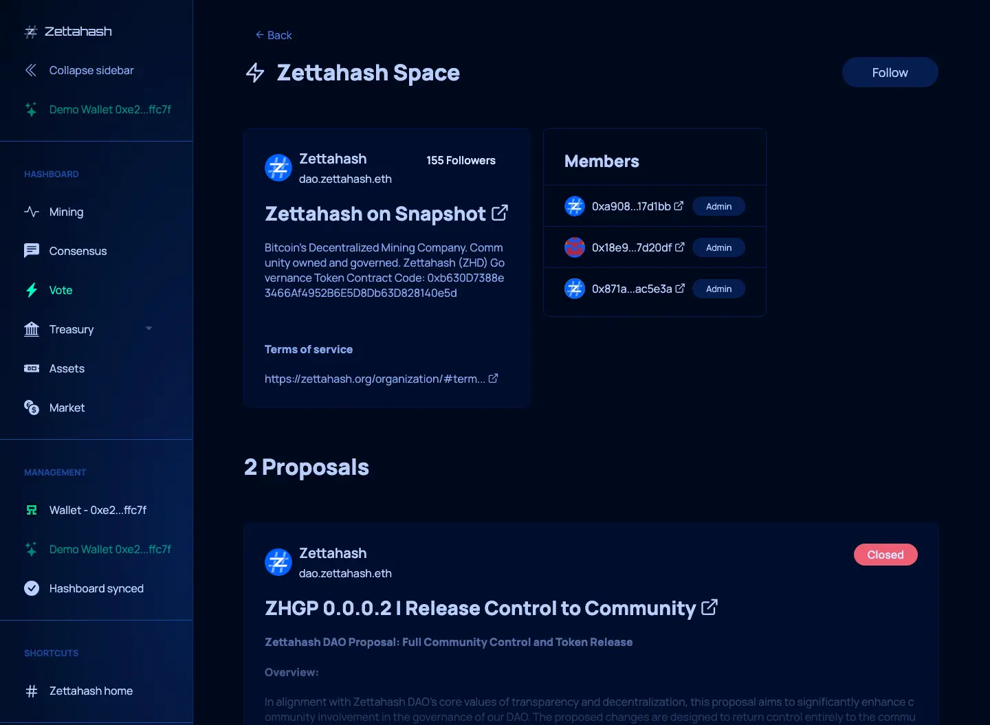 Hashboard governance space showing proposal detail and active discussions