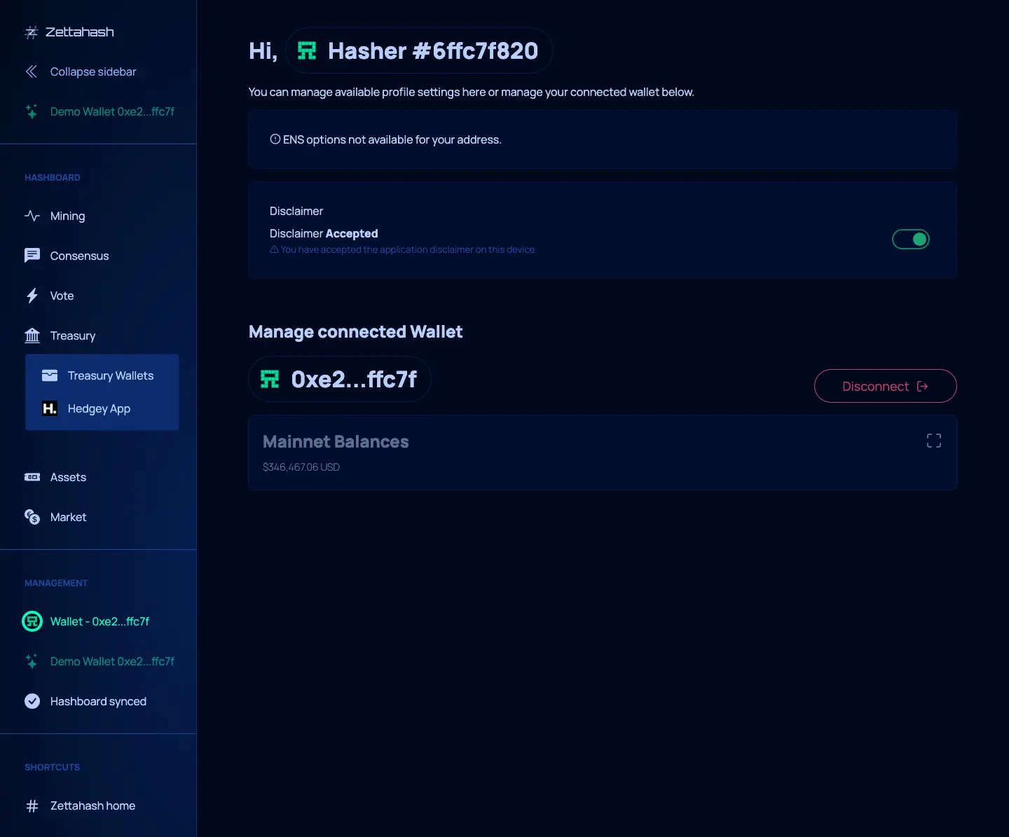 Hashboard wallet view showing connected wallet context and account controls