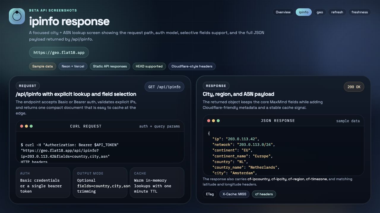Flat18 Geo ipinfo response screen showing auth, curl request, JSON payload, and field breakdown