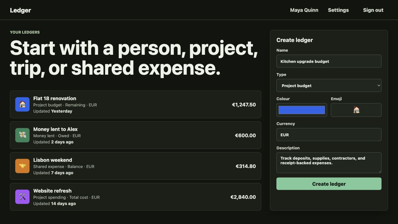 Ledger list showing different record types and balances