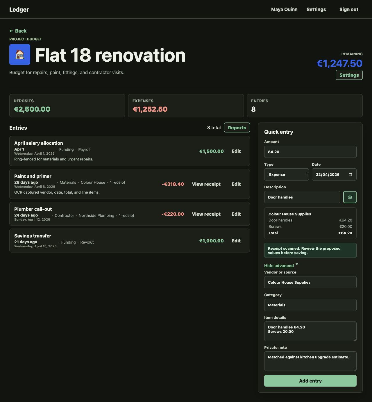 Ledger detail screen with entries, balance, and receipt-assisted quick entry