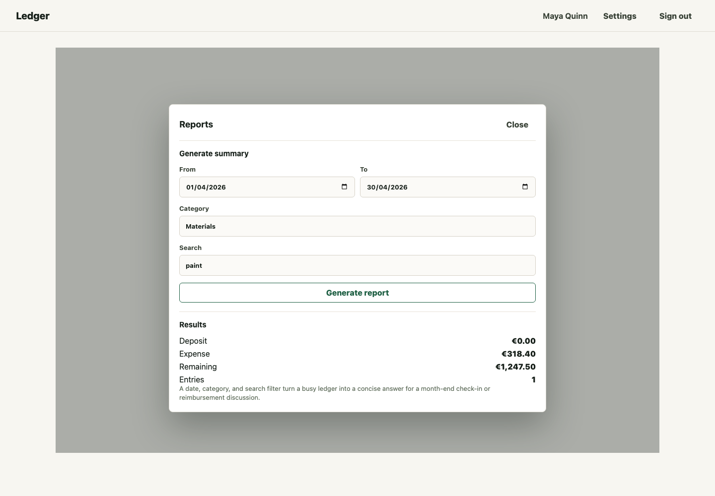 Ledger report modal with filtered spending summary