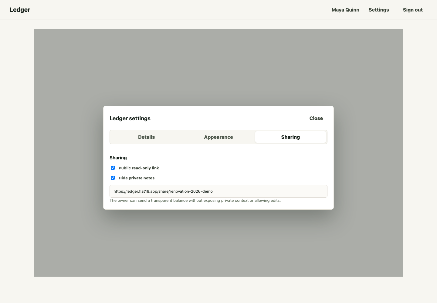 Ledger sharing settings with read-only public link controls