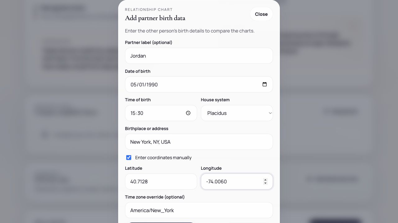 Partner birth data modal for relationship chart comparison