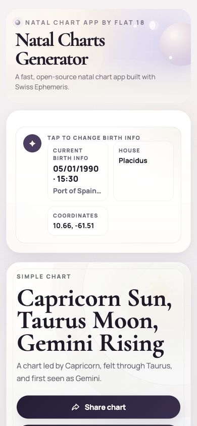 Mobile Natal Charts Generator view with birth info and simple chart summary