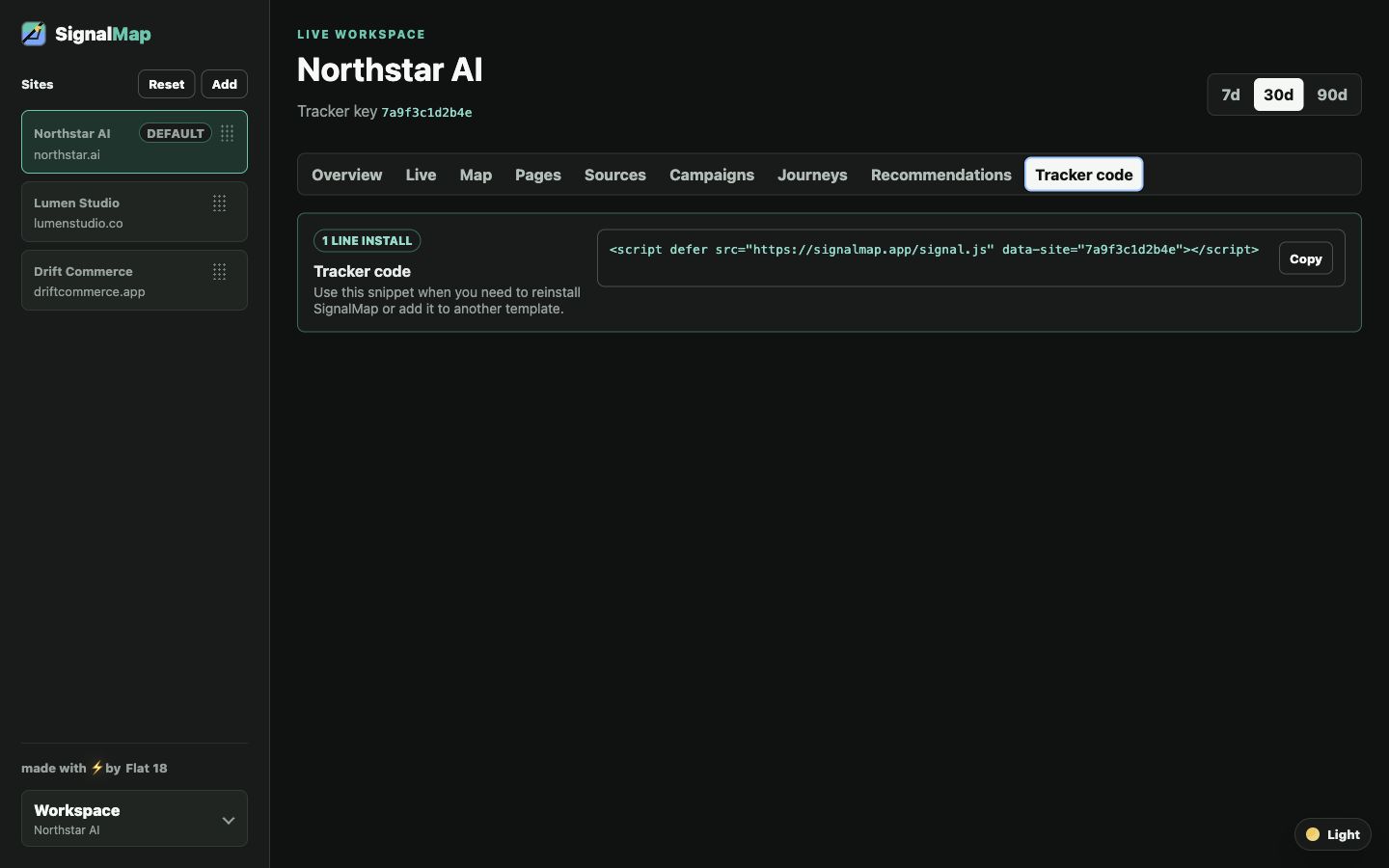 SignalMap tracker code screen showing one-line install instructions and configuration