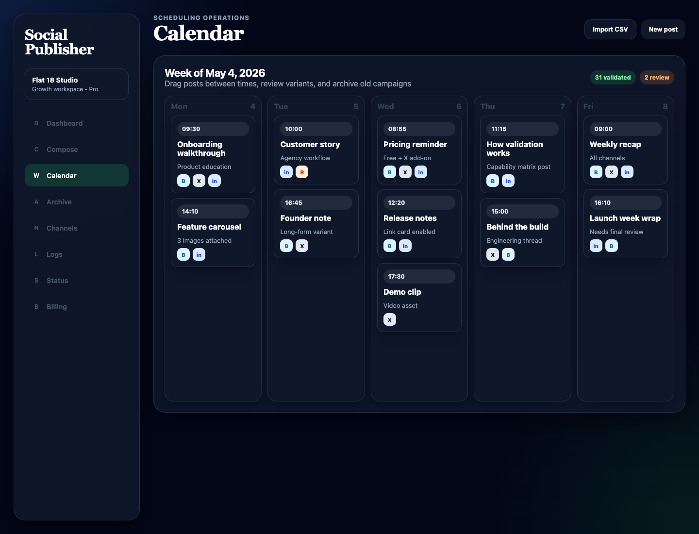 Weekly calendar view with posts scheduled across multiple platforms