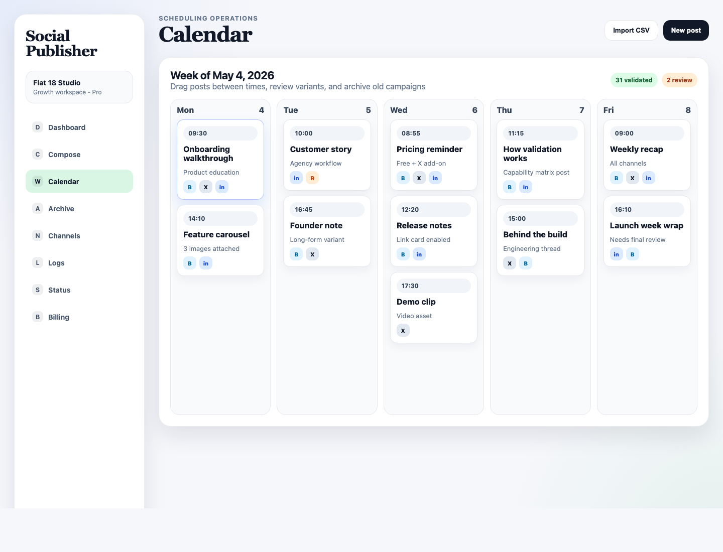 Social Publisher weekly scheduling calendar with queued posts