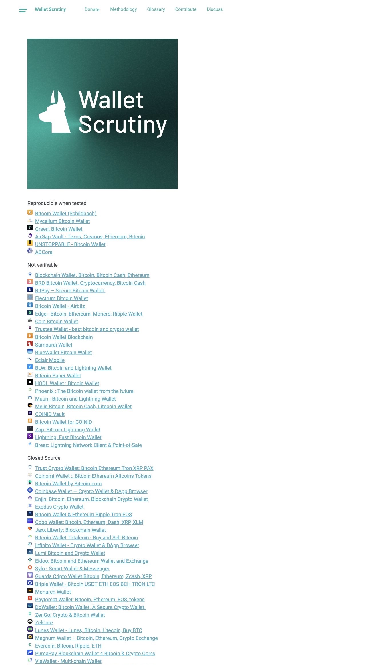 Early WalletScrutiny home page with a large logo tile and long wallet lists under verdict groups