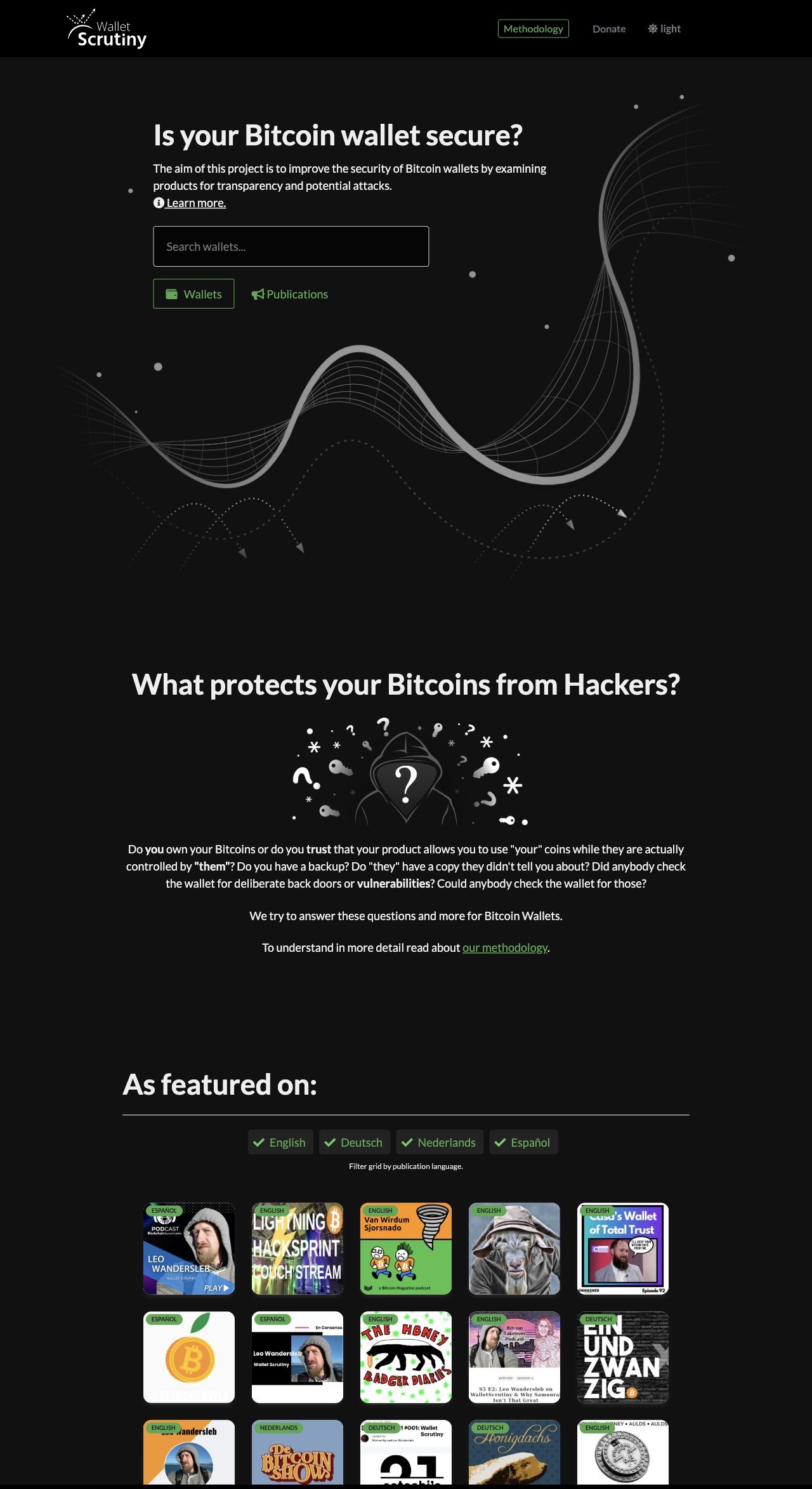 WalletScrutiny home page showing search, filters, wallet cards, and security messaging on a dark background
