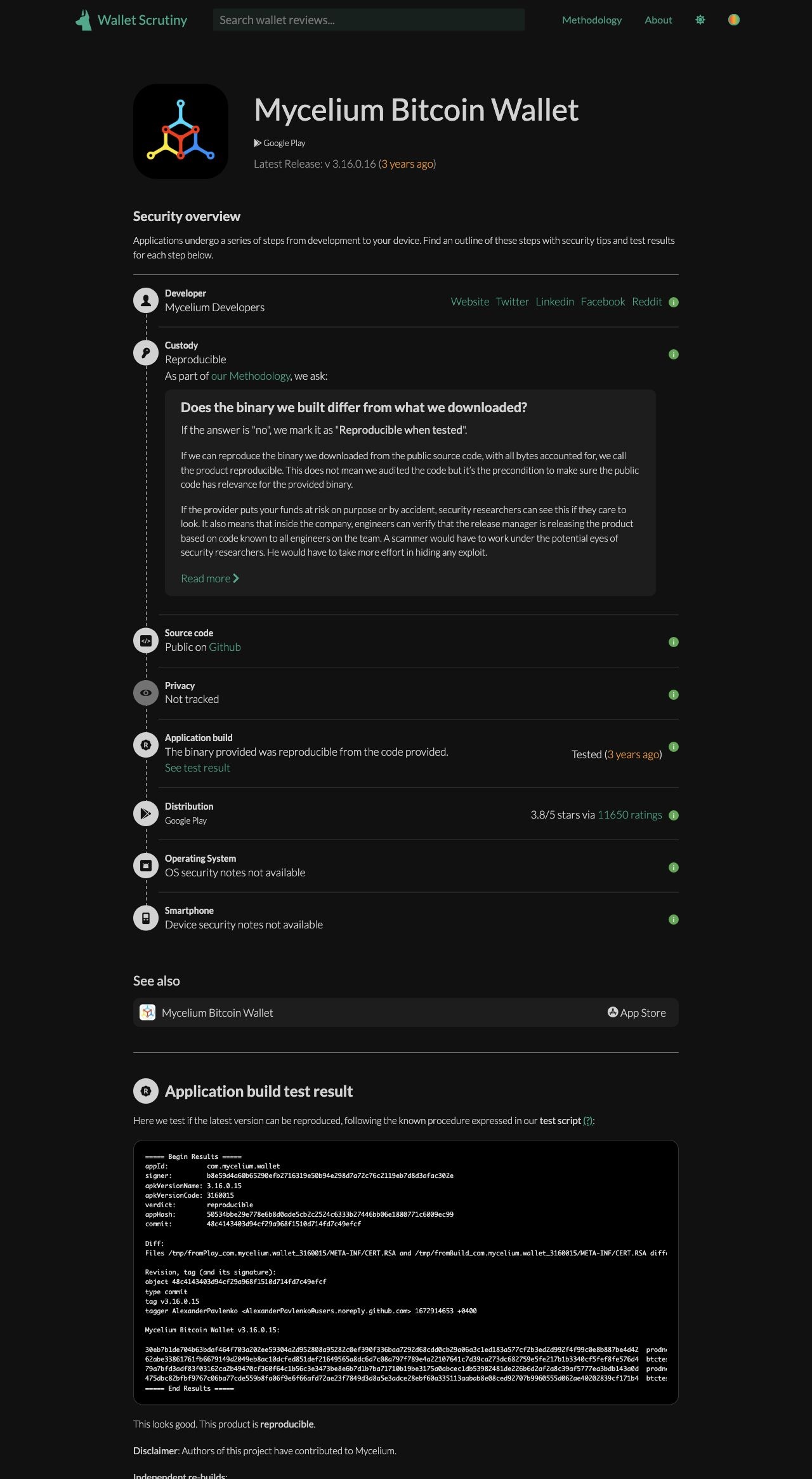 WalletScrutiny Mycelium review page showing security overview, methodology, timeline, and evidence blocks