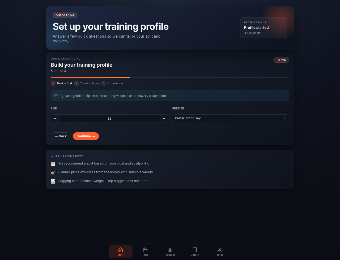 Workouts onboarding profile screen