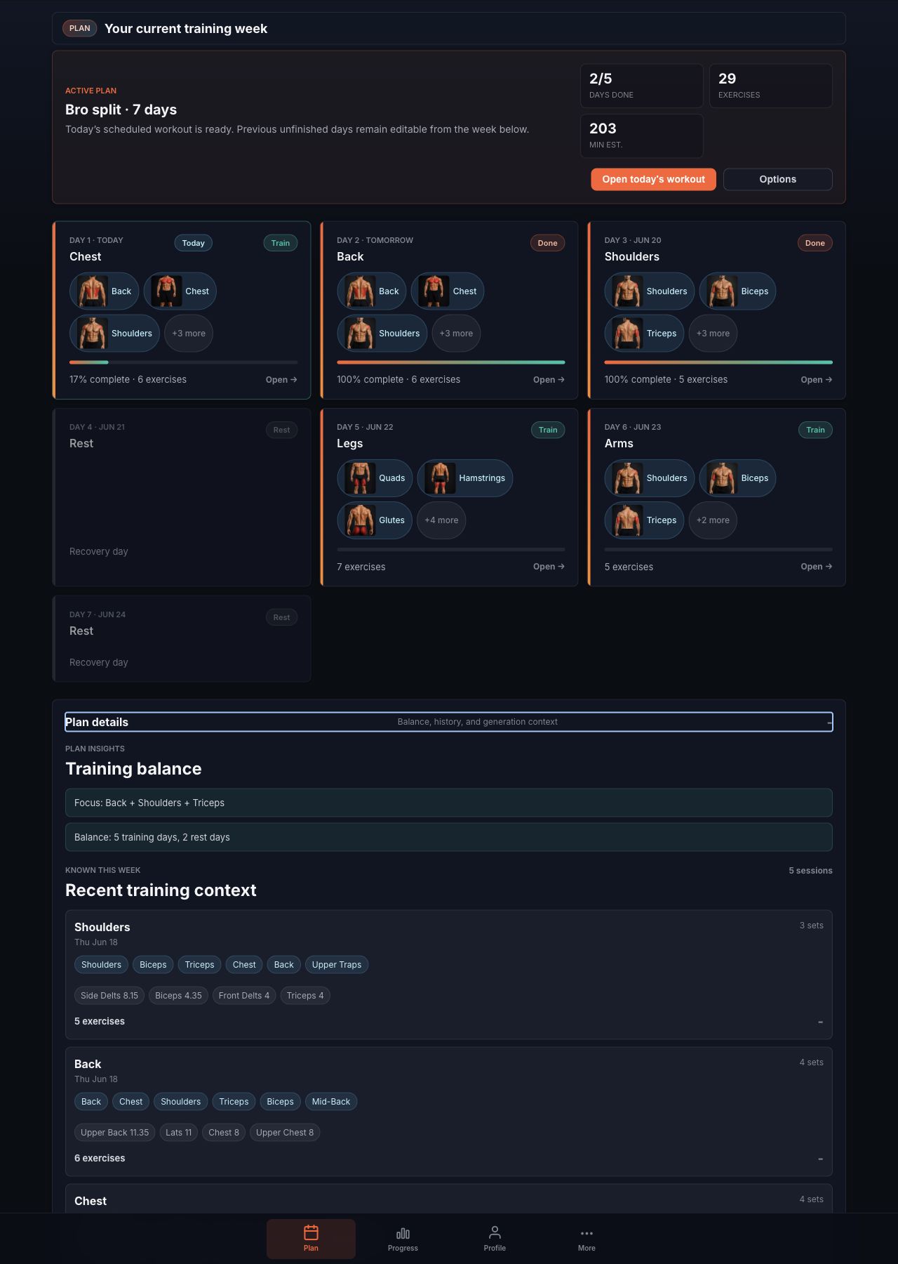 Workouts weekly plan screen showing structured training days