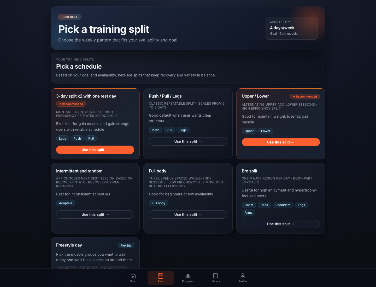 Workouts schedule recommendation cards