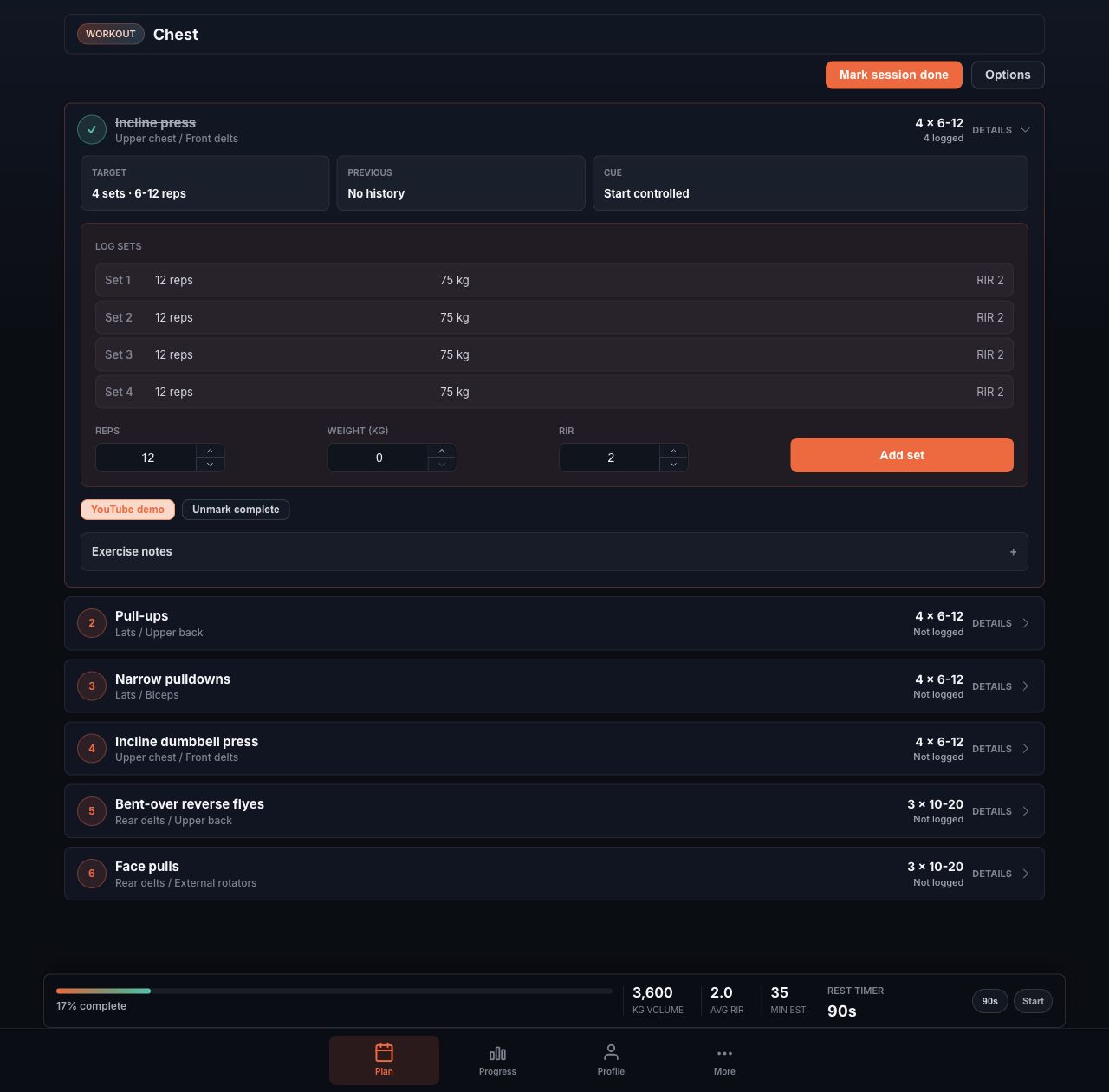 Workouts workout session screen with set logging controls