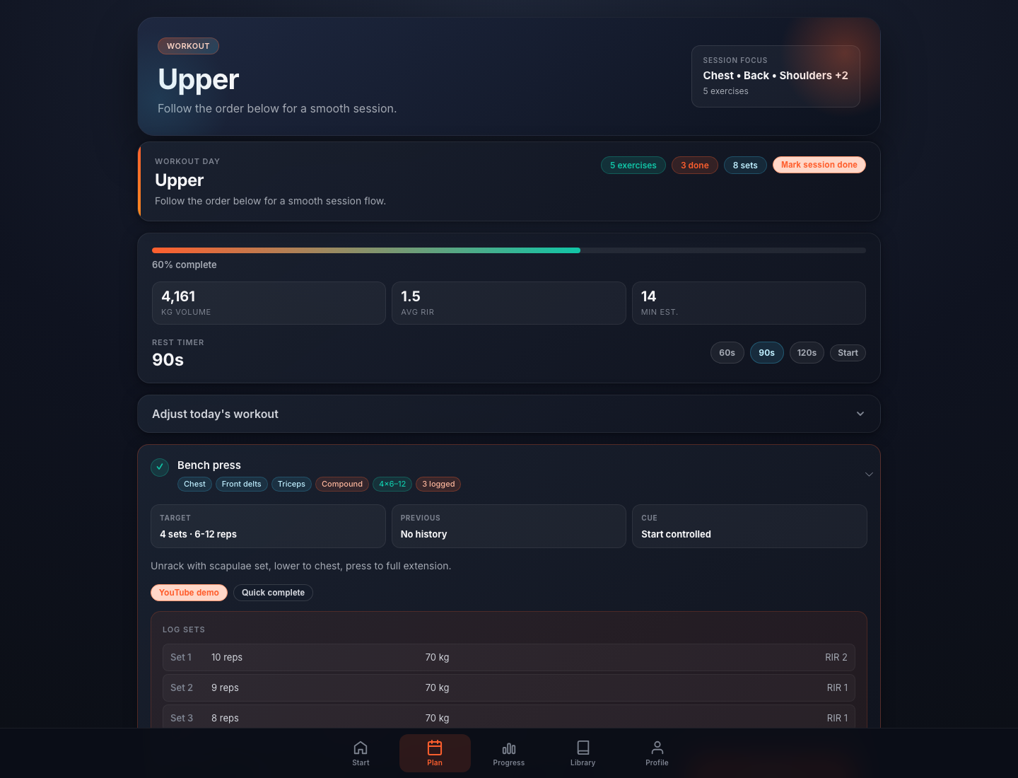 Workouts exercise logger with set tracking and progress controls