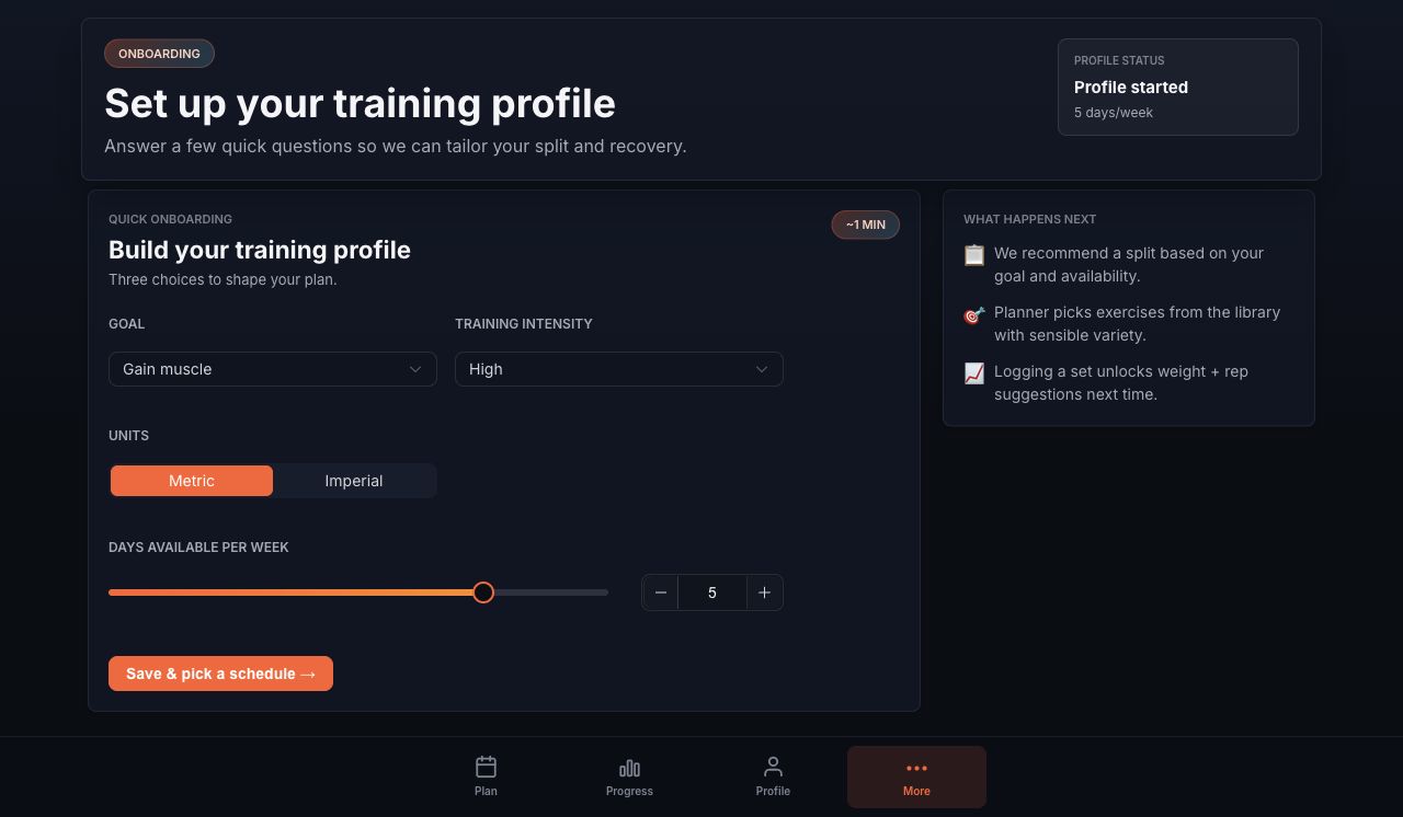 Workouts onboarding flow used to shape training recommendations