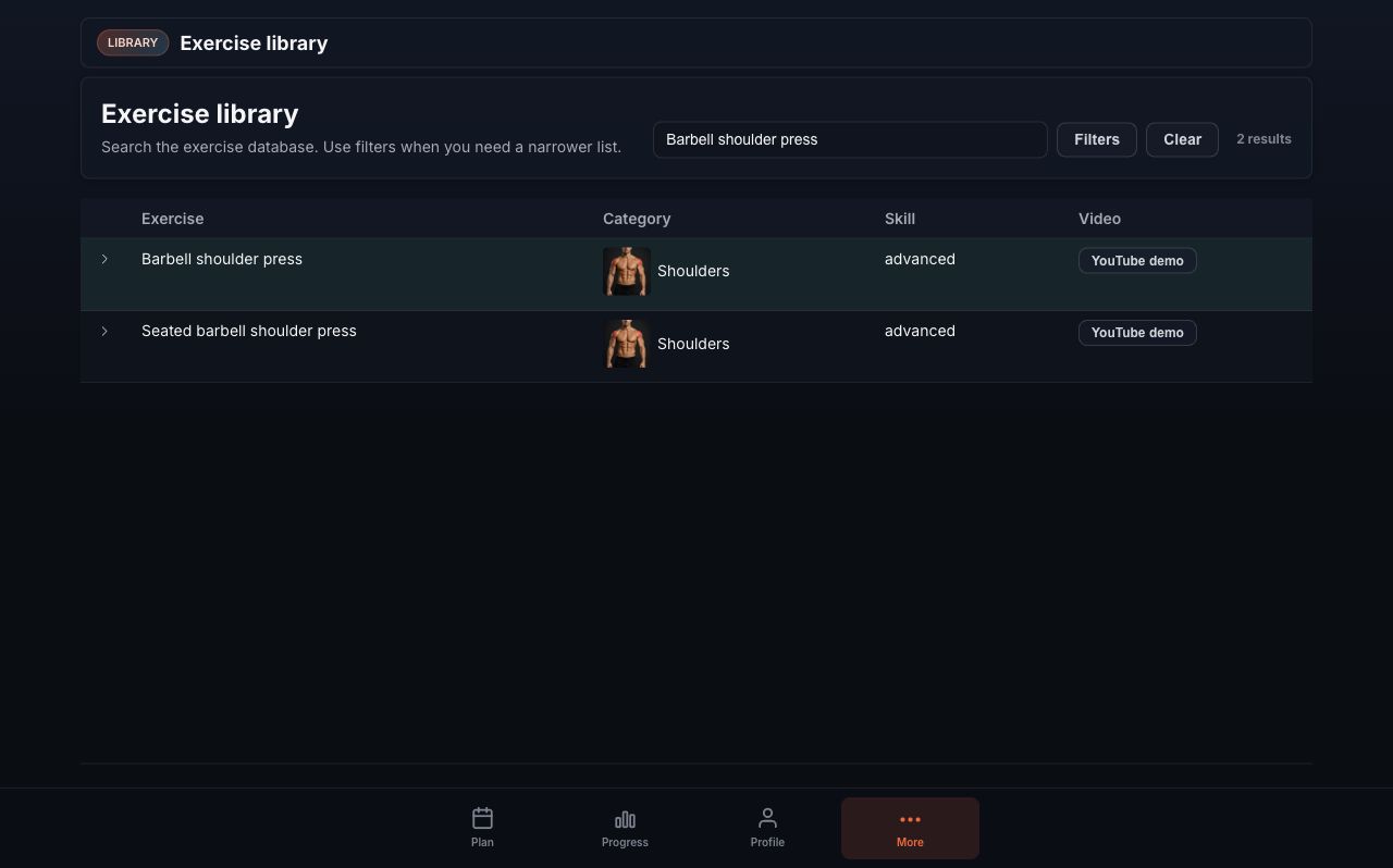 Workouts searchable exercise library with filters